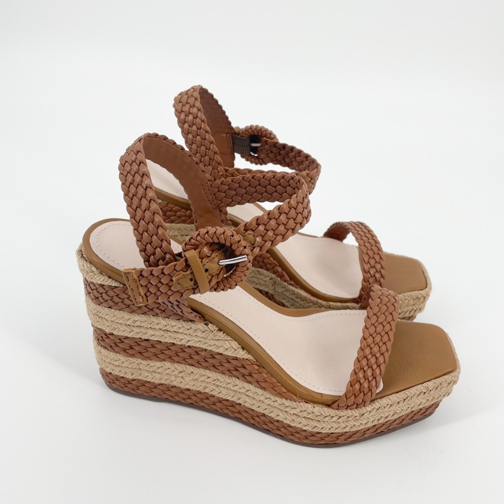 Schutz Nani Braided Leather Raffia Wedge Sandals